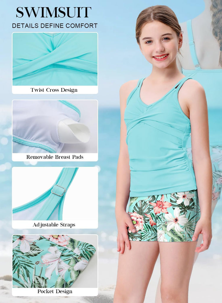 Tween Girls Tankini Swimsuit 2 Piece Bathing Suit Criss Cross Ruched Girl Swimwear with Chest Pad