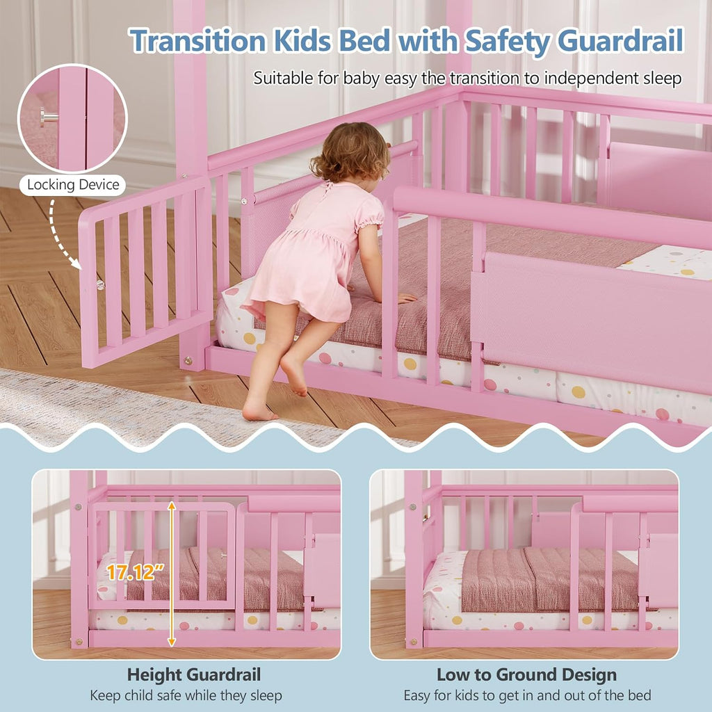 Floor Bed with Storage Bookshelf and Globe String Lights House Montessori Floor Bed for Girls with Safety