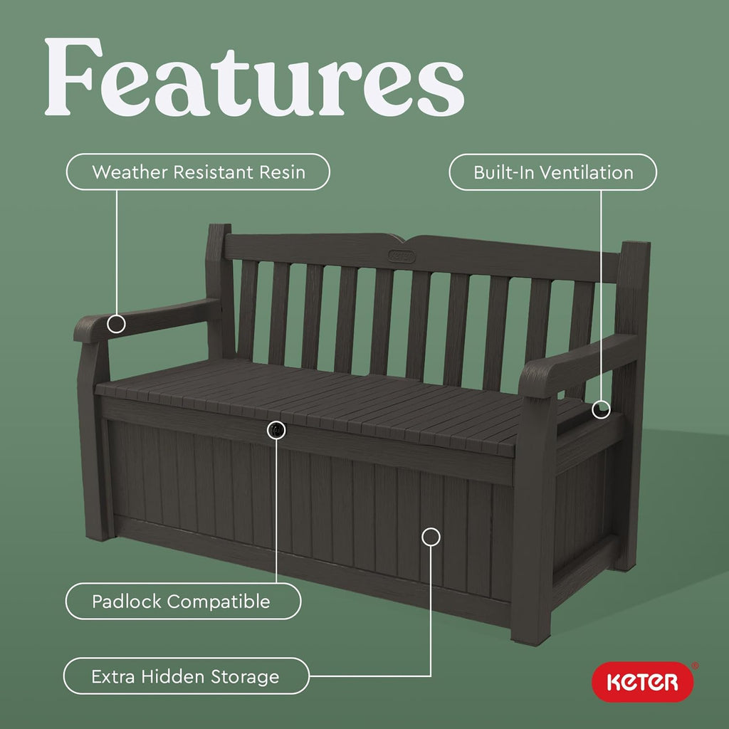 Solana 70 Gal Outdoor Storage Bench and Pool Accessories | Brown, Resin, Seating, Weatherproof, Lockable, Durable