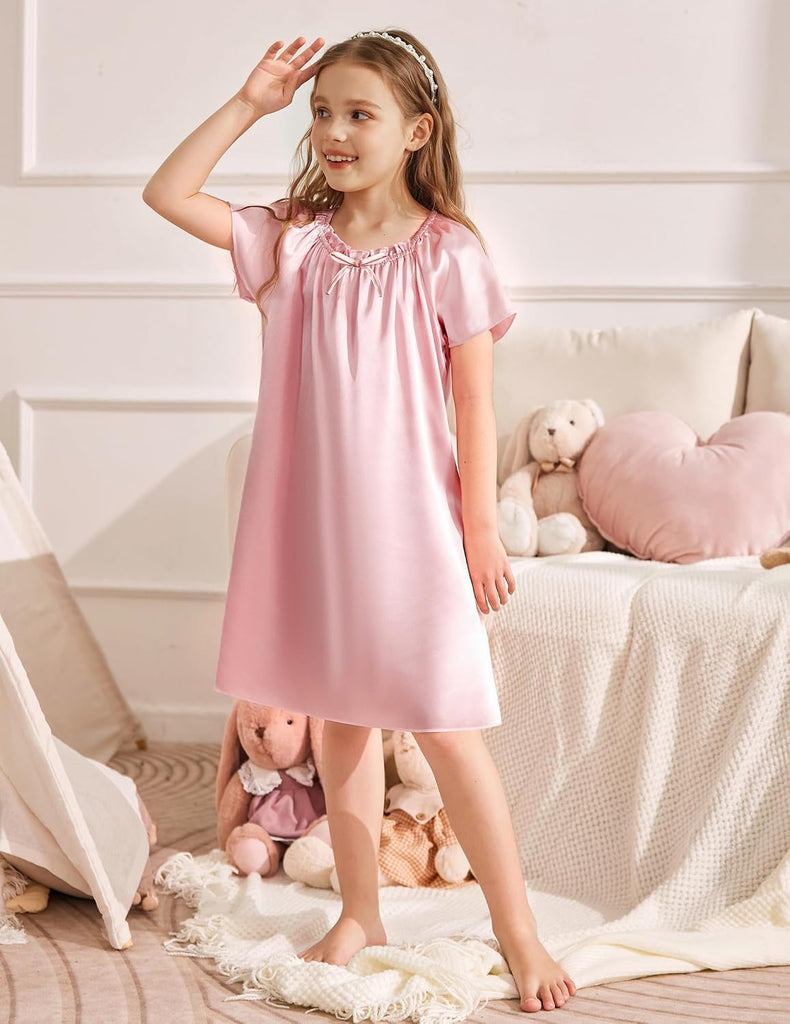 Girls Nightgowns Satin Pajama Dress Short Sleeve Sleepwear