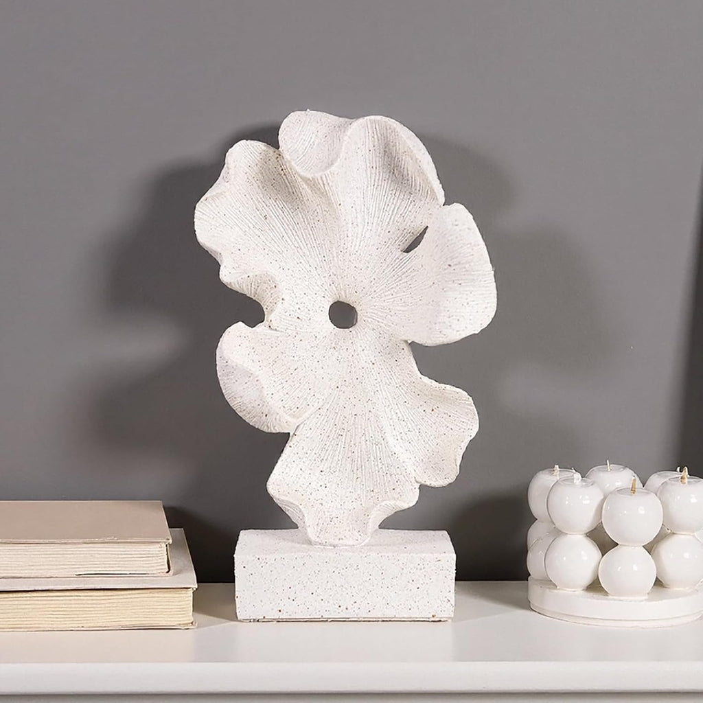 Abstract Flower Sculpture, White Speckled Resin, 10.63 x 6.3 x 2.56 in, Modern Decorative Figurine on Base