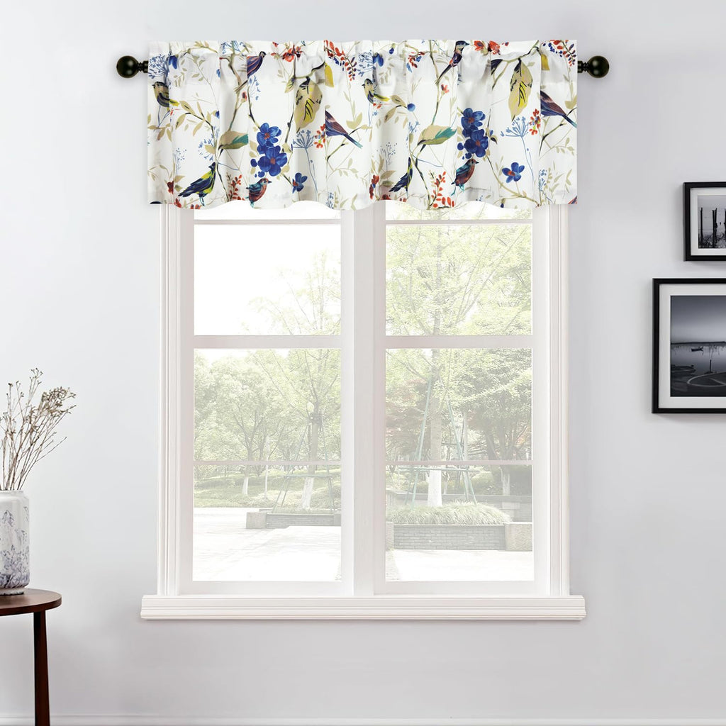 Faux Linen Birds Pattern Valance, 1 Panel Blue Bird Print Light Filtering Privacy Window Treatment, 52 x 12 Inch