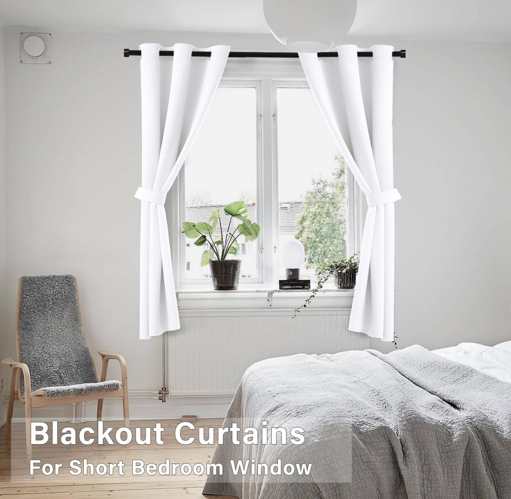 White Short Curtains for Small Bathroom Window, 2 Panel Sets Kitchen Cafe Curtains with Grommets Rings 60-70%