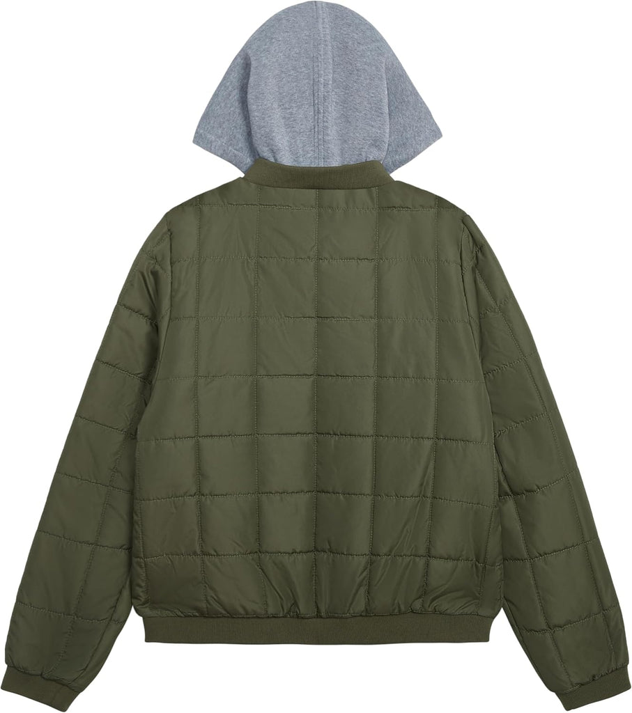 Boys' Midweight Quilted Bomber Jacket With Sweatshirt Hood