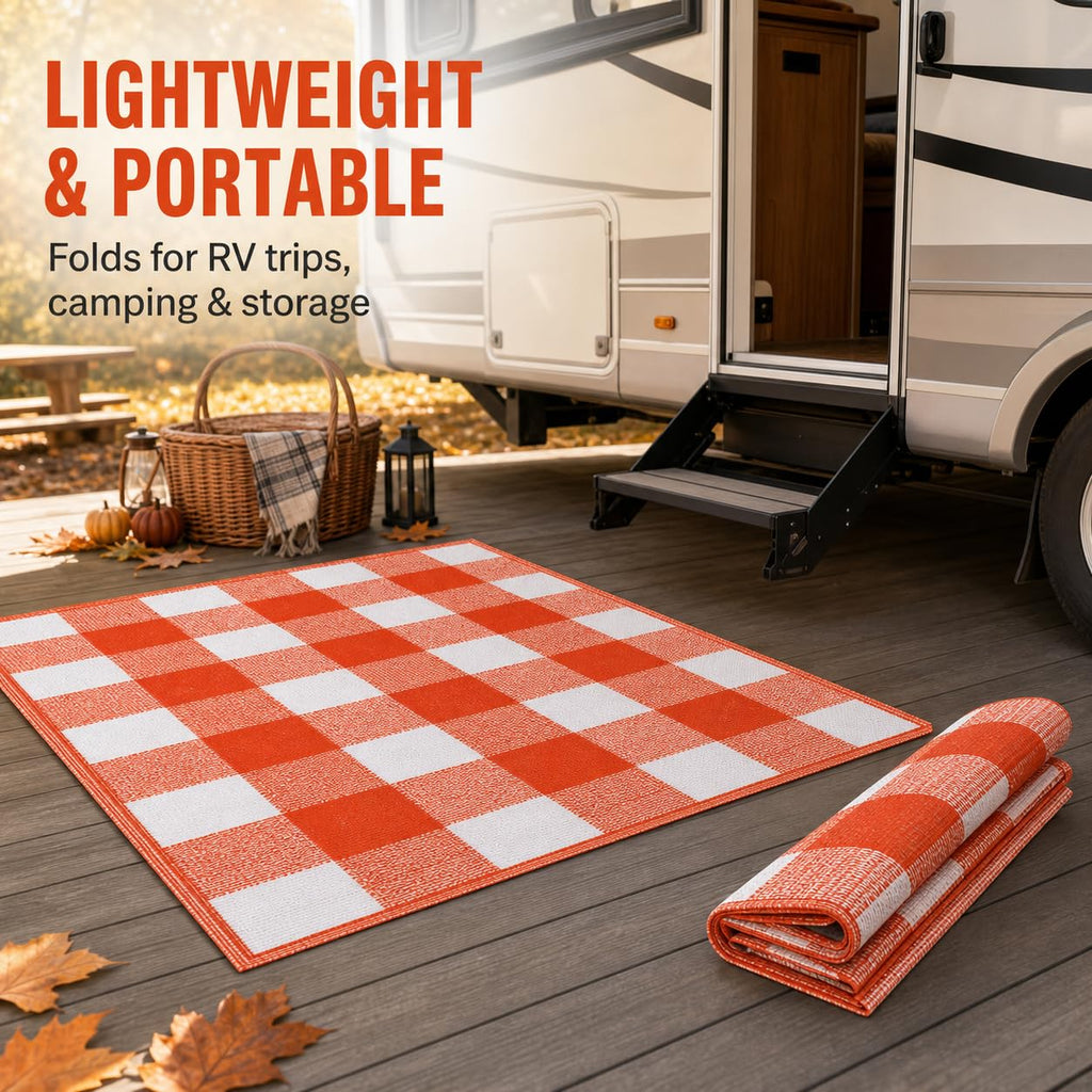 3 x 5 Ft Orange Buffalo Plaid Outdoor Rug Waterproof Reversible Mat