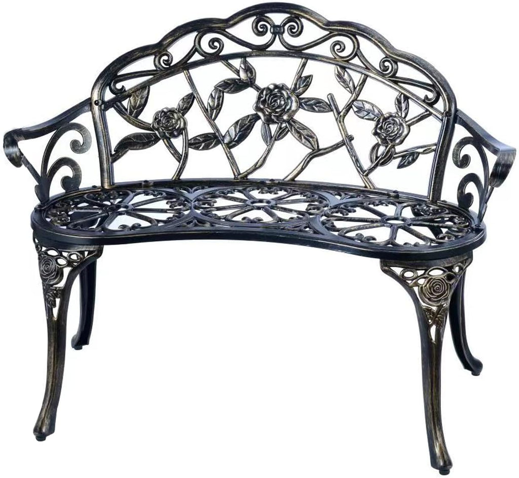 Patio Garden Bench Metal Park Bench Cast Aluminum Outdoor Furniture with Floral Rose ,Park,Lawn,Yard (Copper)