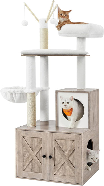 Cat Tree with Litter Box Enclosure, 59-Inch, 2-in-1 Condo