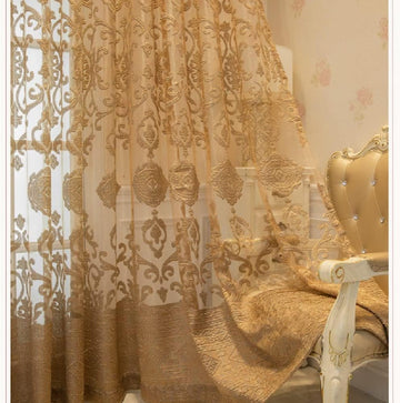 1 Pair Luxury European Sheer Curtains Hollow Embroidered Tulle Curtains Living Room (Gold,54x90 Inch)