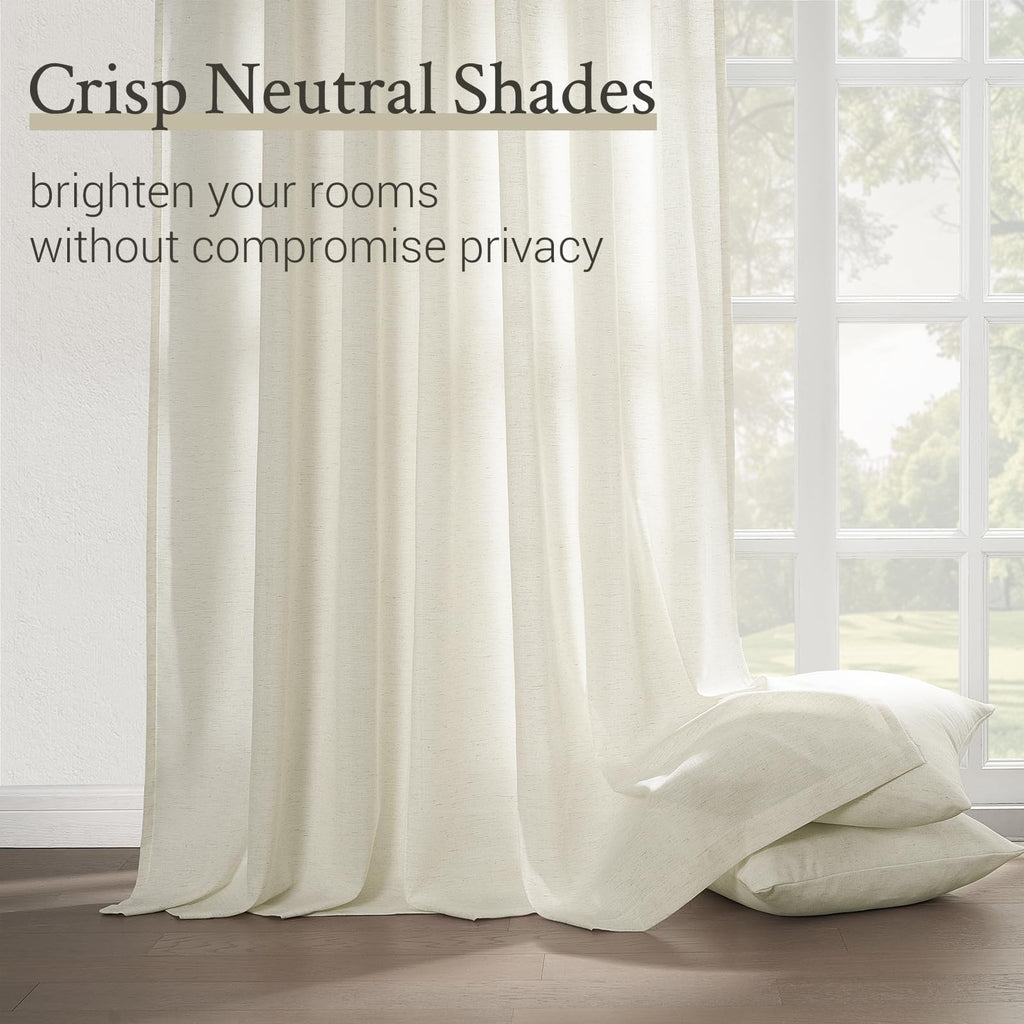Natural Pinch Pleated Linen Curtains 84 Inch Length 2 Panels Living Room Textured Cream Semi Sheer Window Curtain