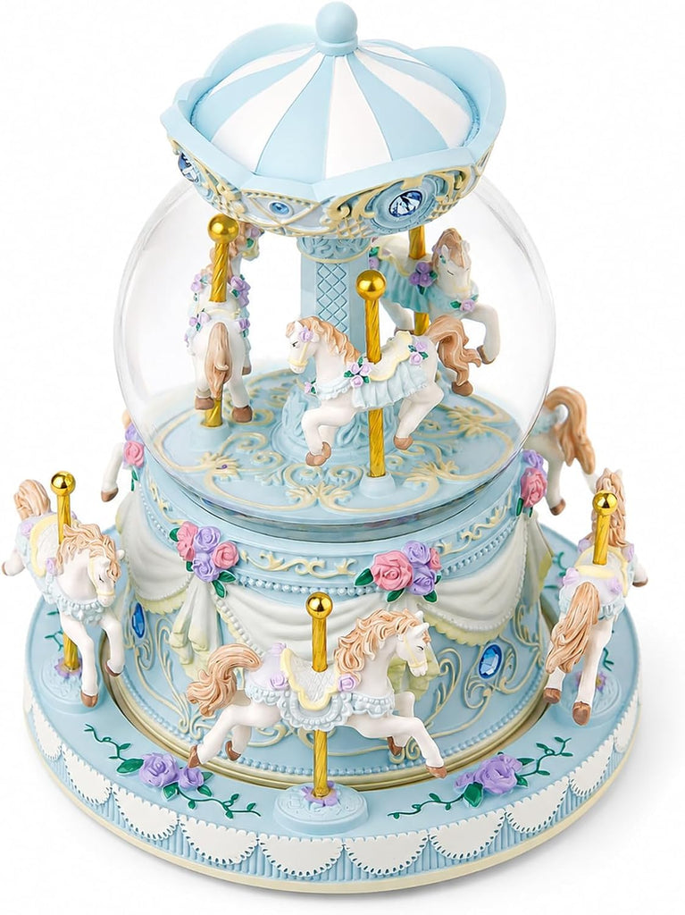 Blue Carousel Snow Globe Music Box with LED Lights, Rotating Horse Merry Go Round, Wind Up Musical Snow Globe Plays