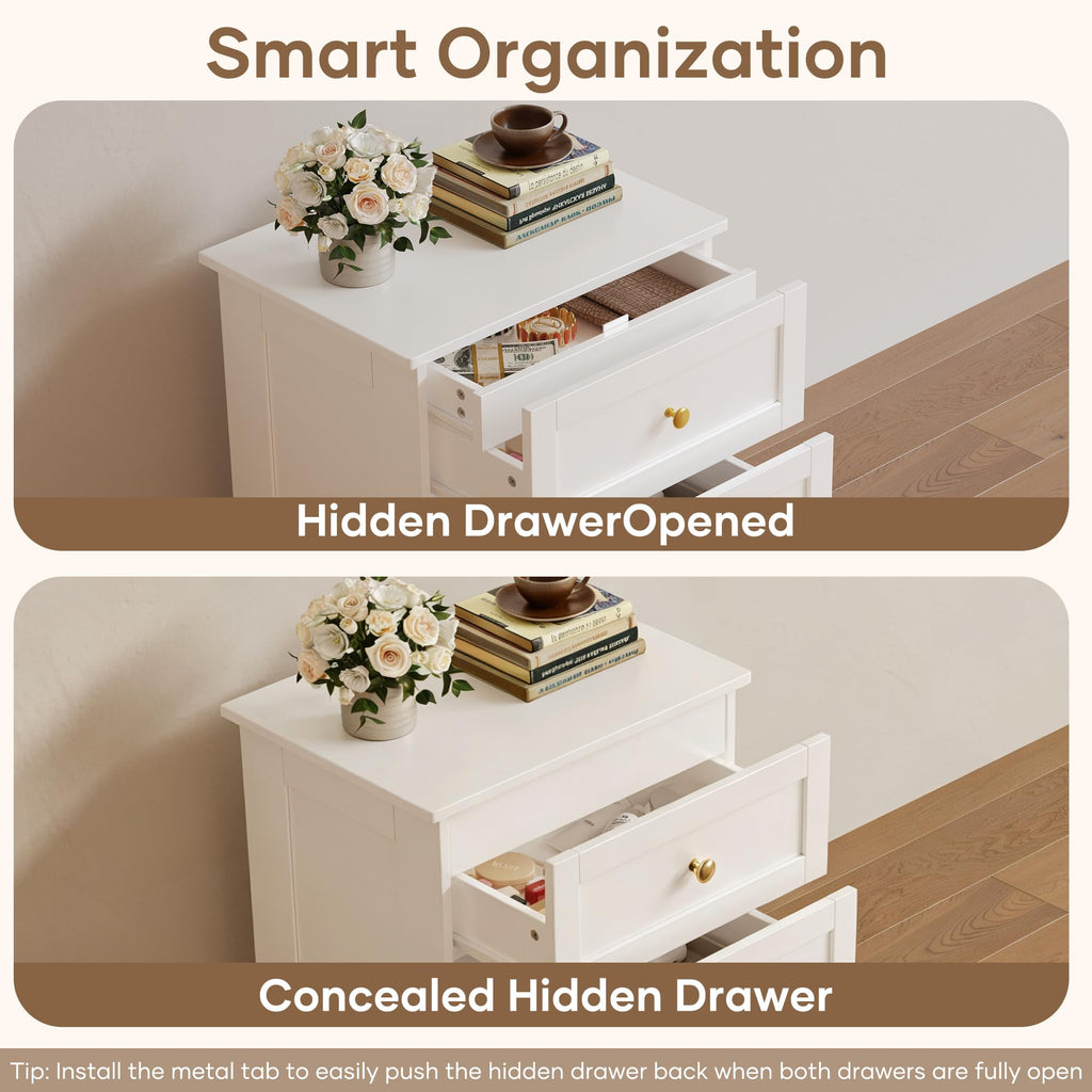 Nightstands Set of 2 with Hidden Drawer, White and Gold