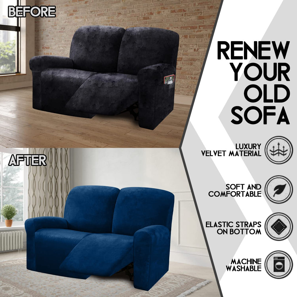 Reclining Love Seat Slipcover, 48" - 65" L, 6-Piece Velvet Stretch Loveseat Recliner Cover, 2 Seat Reclining Sofa