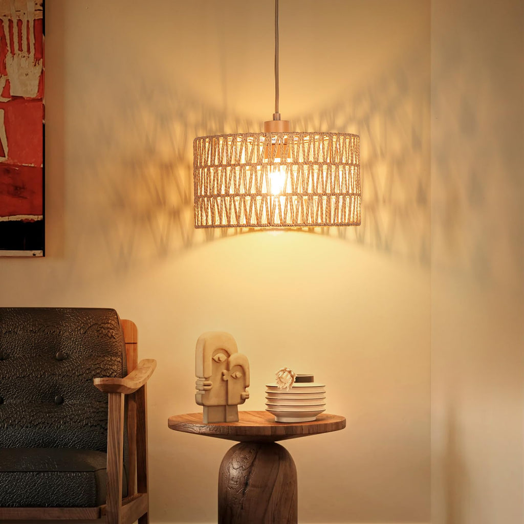 Boho Plug in Pendant Light, Handwoven Shade, 3 Way Bulb, 14ft Cord