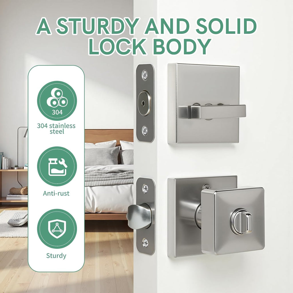 Satin Nickel Deadbolt and Door Knob Set - Square Exterior Door Knob with Deadbolt, Heavy Duty Keyed Alike for Front