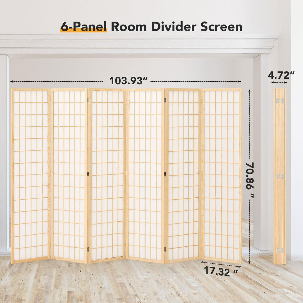 6ft Japanese Room Divider Wall, 6-Panel Shoji Privacy Screen 104" W