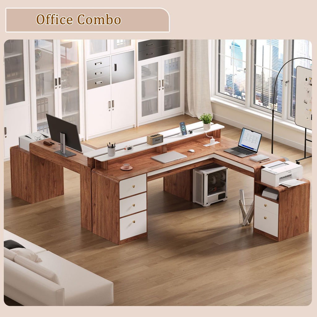 66" Farmhouse L Shaped Desk with 5 Drawers & File Drawers