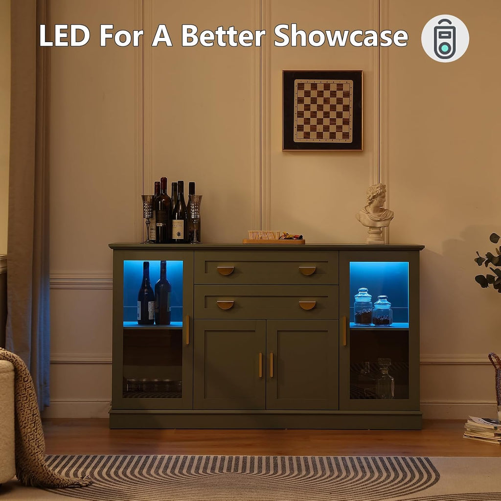 58.27'' Buffet Cabinet with 2 Drawers,LED and Adjustable Shelves,Large Glass Door Coffee Bar Cabinet with