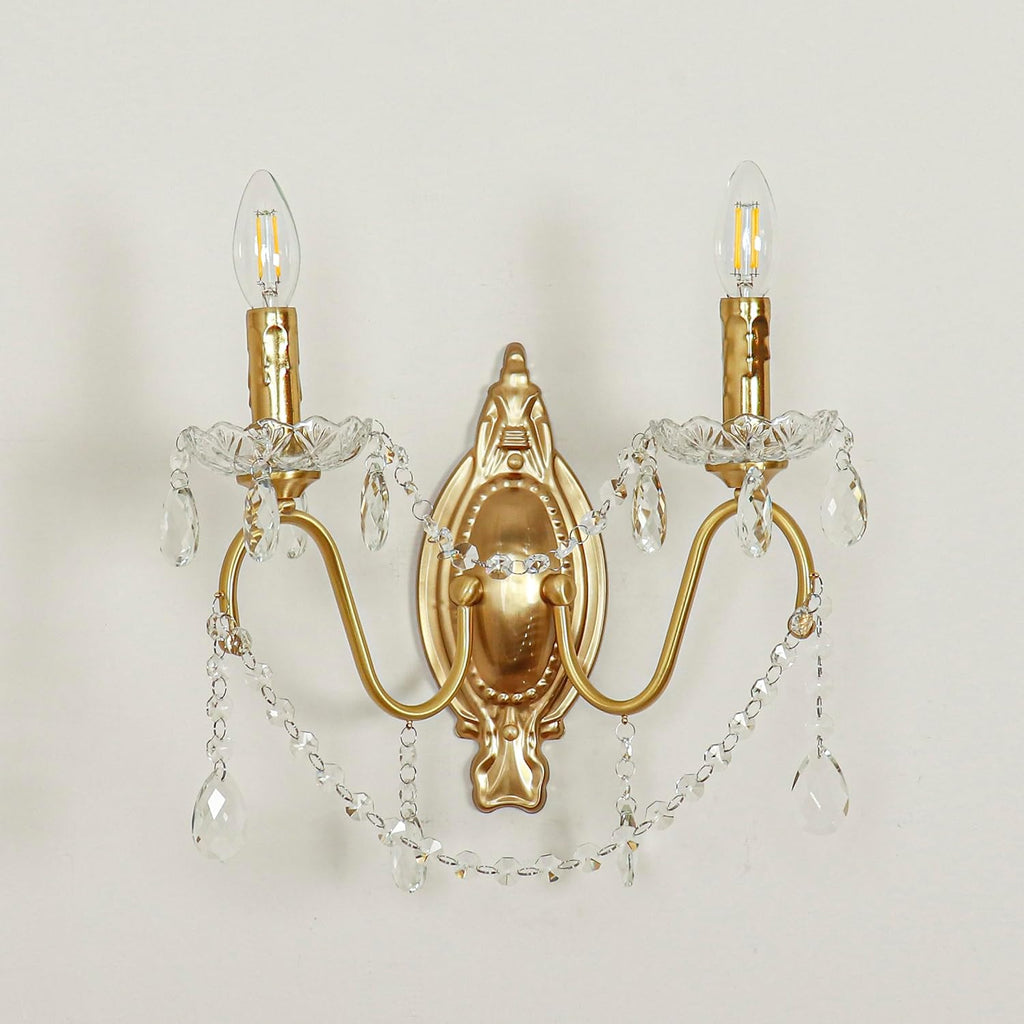 French Vintage Crystal Wall Sconce, Victorian 2-Light Gold Iron Finish, E12 Traditional Candle Style Wall Lamp for