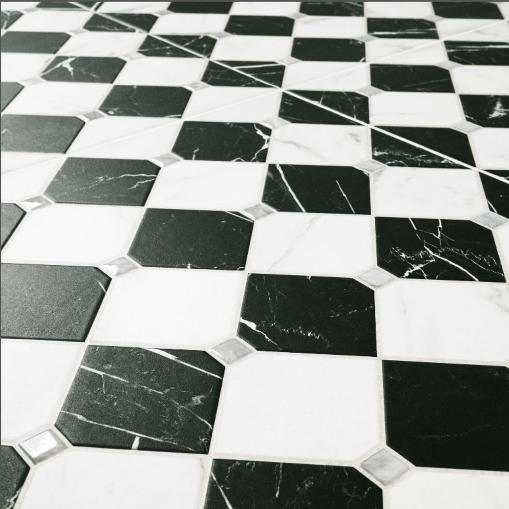 17" x 17" Black & White Matte Marble Look Checkerboard Porcelain Tile, Floor & Wall Tile, Fireplace & Commercial