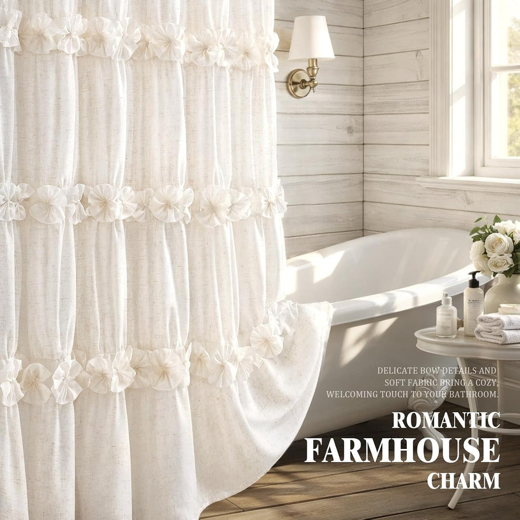 Ruffle Shower Curtain with Bow Vintage Farmhouse Linen Shower Curtain , Cream, 72" W x 72" H