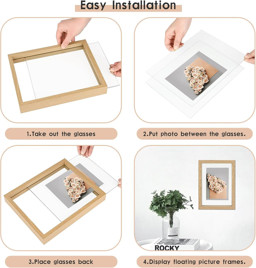 12x16 Floating picture Frames Set of 2,Double Glass Frame,Display Any Size Photo up to 12x16,Wall Mount or Tabletop