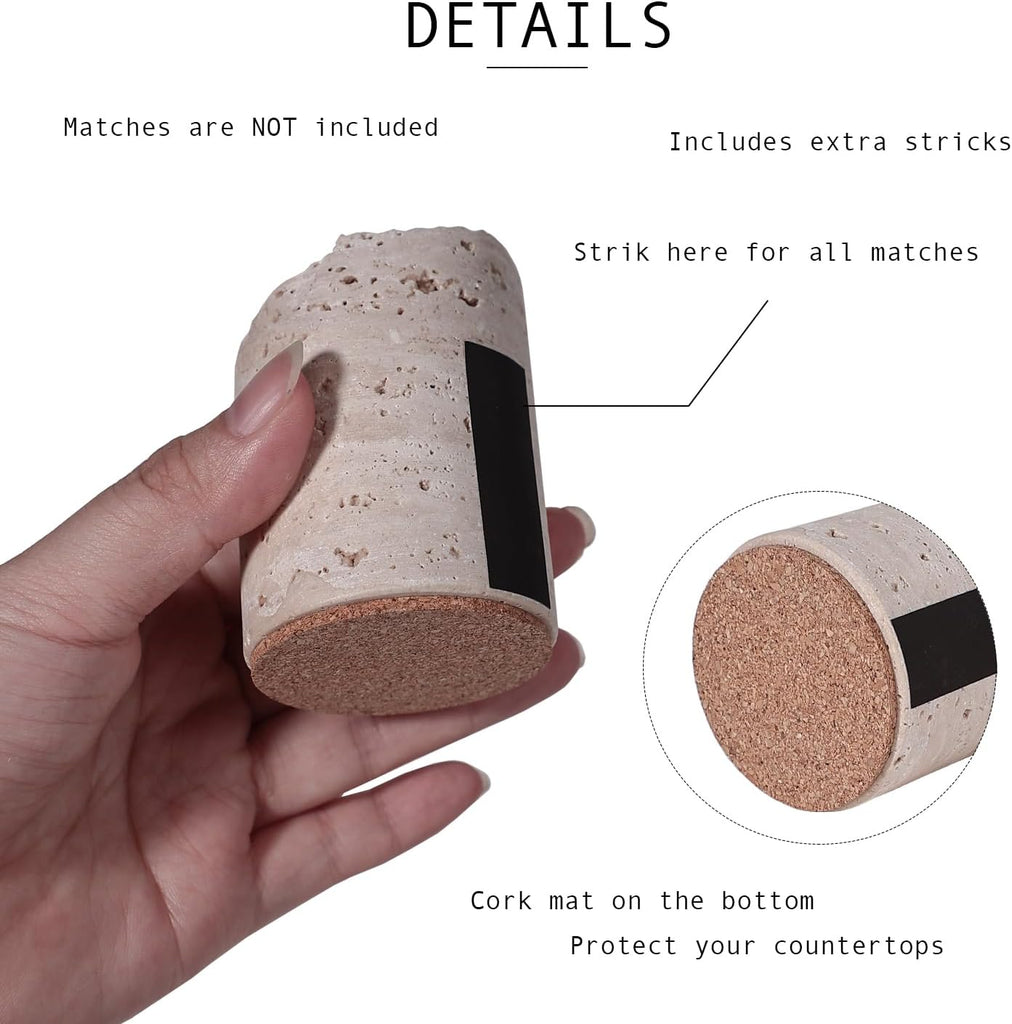 Match Holder with Striker Handmade Travertine Box Matches in a jar - Set of 2
