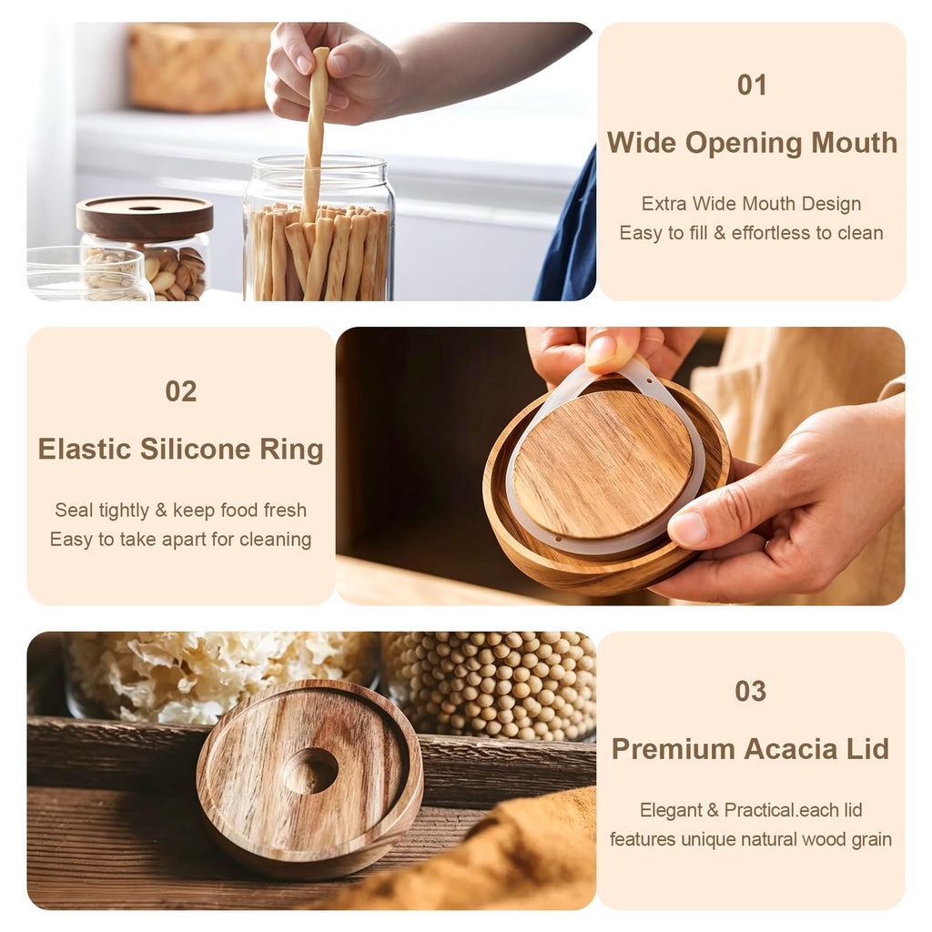 Glass Jars with Airtight Wood Lids - 17 oz Small Kitchen Pantry Storage Containers, Stackable Decorative Canisters