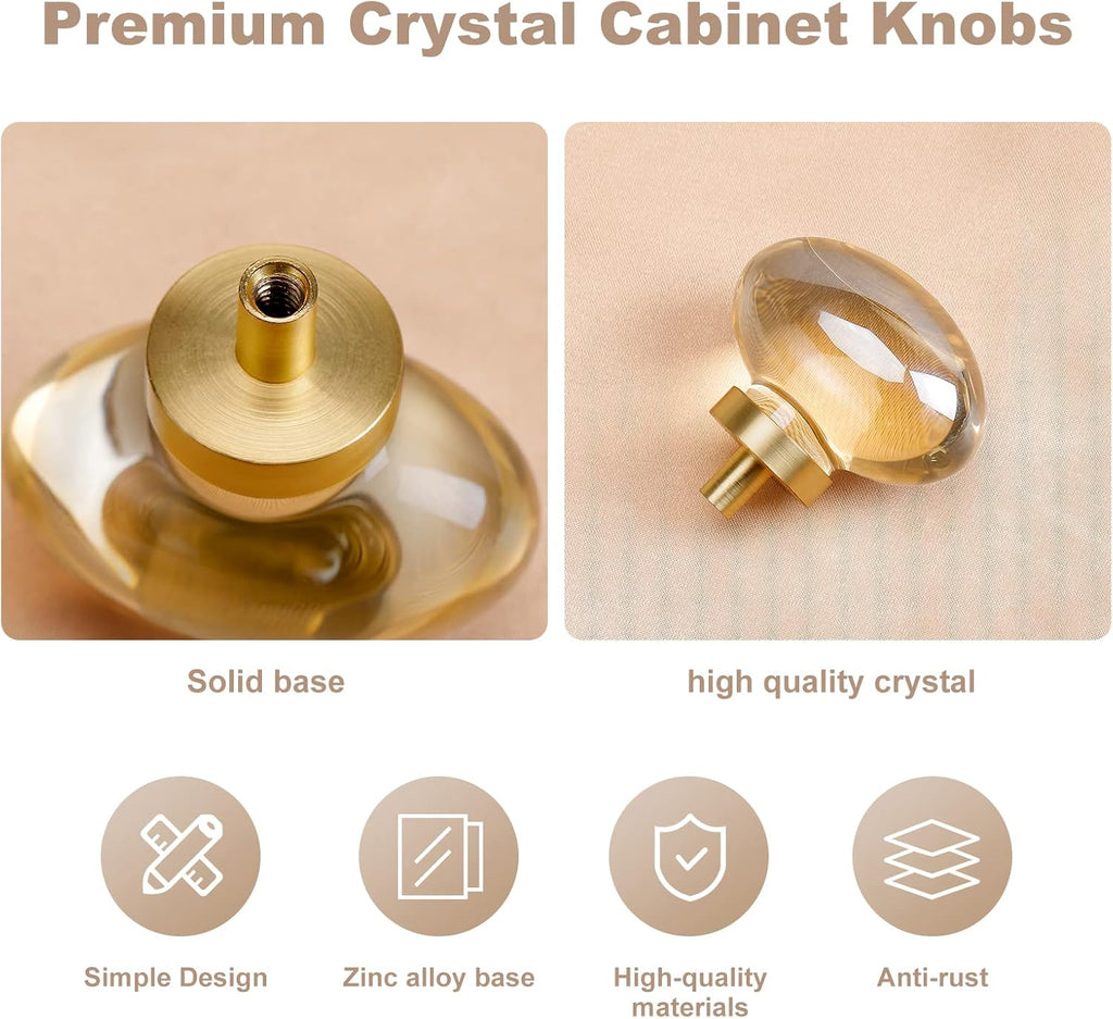 8 Pack Champagne Crystal Cabinet Knobs, Gold Cabinet Glass Knobs Drawers Brass Furniture Hardware Pulls (Oval)