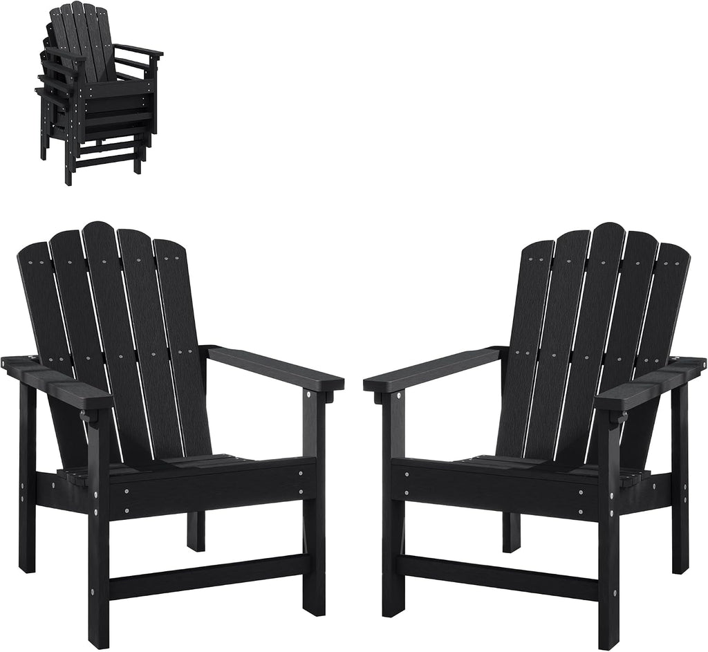 Stackable Adirondack Chairs Set of 2,HDPE,Black | Durable, All-Weather Patio Seating with Wood Texture, Low