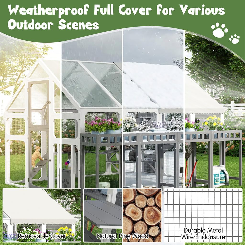 94.5" Extra Large Outdoor Cat Enclosure Catio, Wooden Cat House with 8 Platforms, 2 Cat Houses, Bridge & Scratching