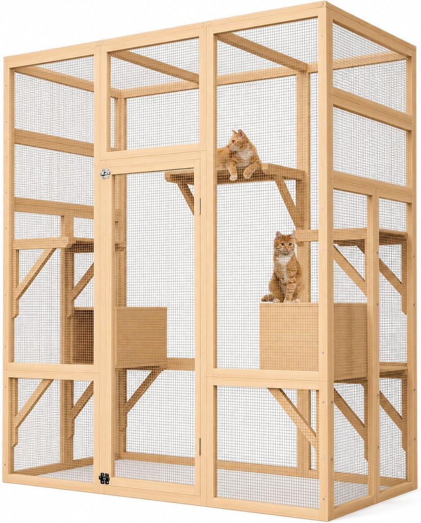 70" Walk-in Wooden Catio, Outdoor Cat Enclosure with Window Access, Natural