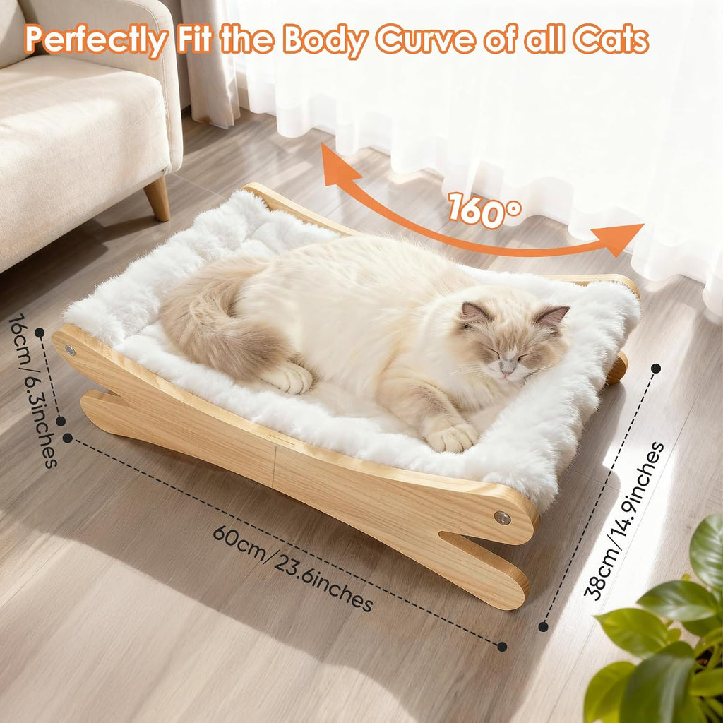 Plush Elevated Cat Bed - Cozy Raised Cat Hammock with Solid Wood Frame, Soft Furry Cushion for Indoor Cats & Small