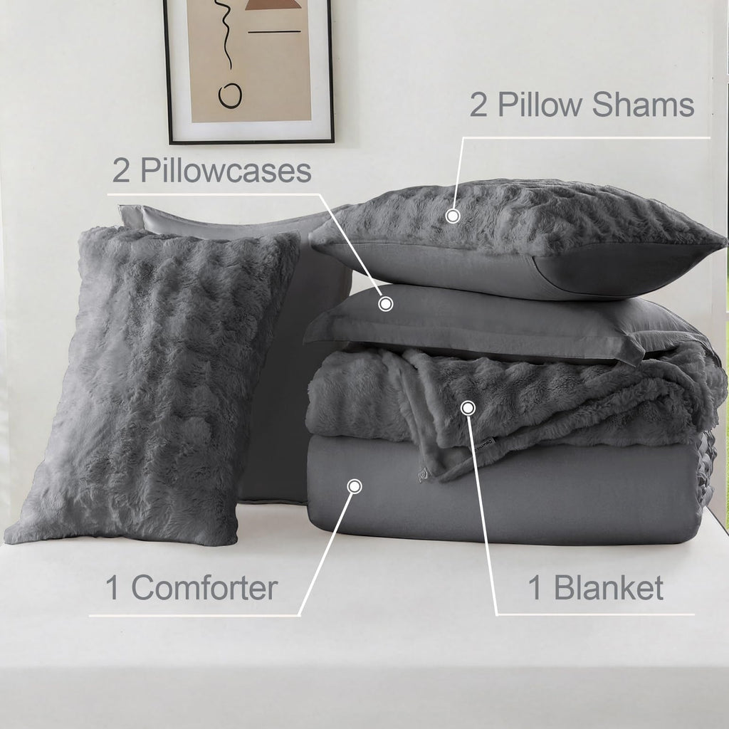 2-in-1 Faux Rabbit Fur Comforter Set, 6-Piece Grey