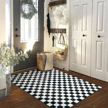 Retro Checkerboard Entryway Rugs Non Slip Indoor Geometry Carpet Washable, Ultra Thin Boho Black and White Cute