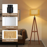 Rattan Wood Floor Lamp Tripod with Shelves, Mid Century Modern Floor Lamps, 3 Color Temperatures with Foot Switch