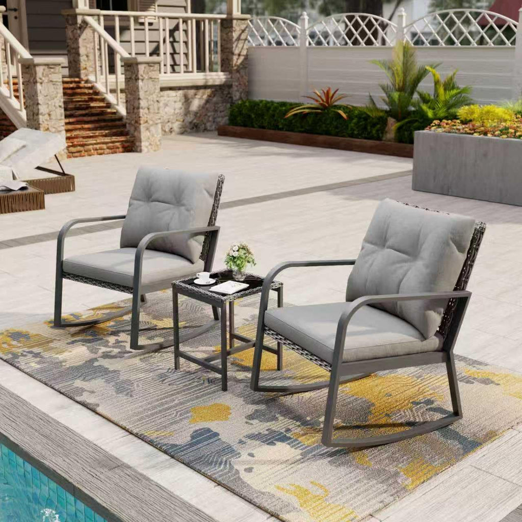 Bistro 3 Piece Patio Furniture Set, Patio Table and Rattan Outdoor Rocking Chairs Set of 2, Outdoor Bistro