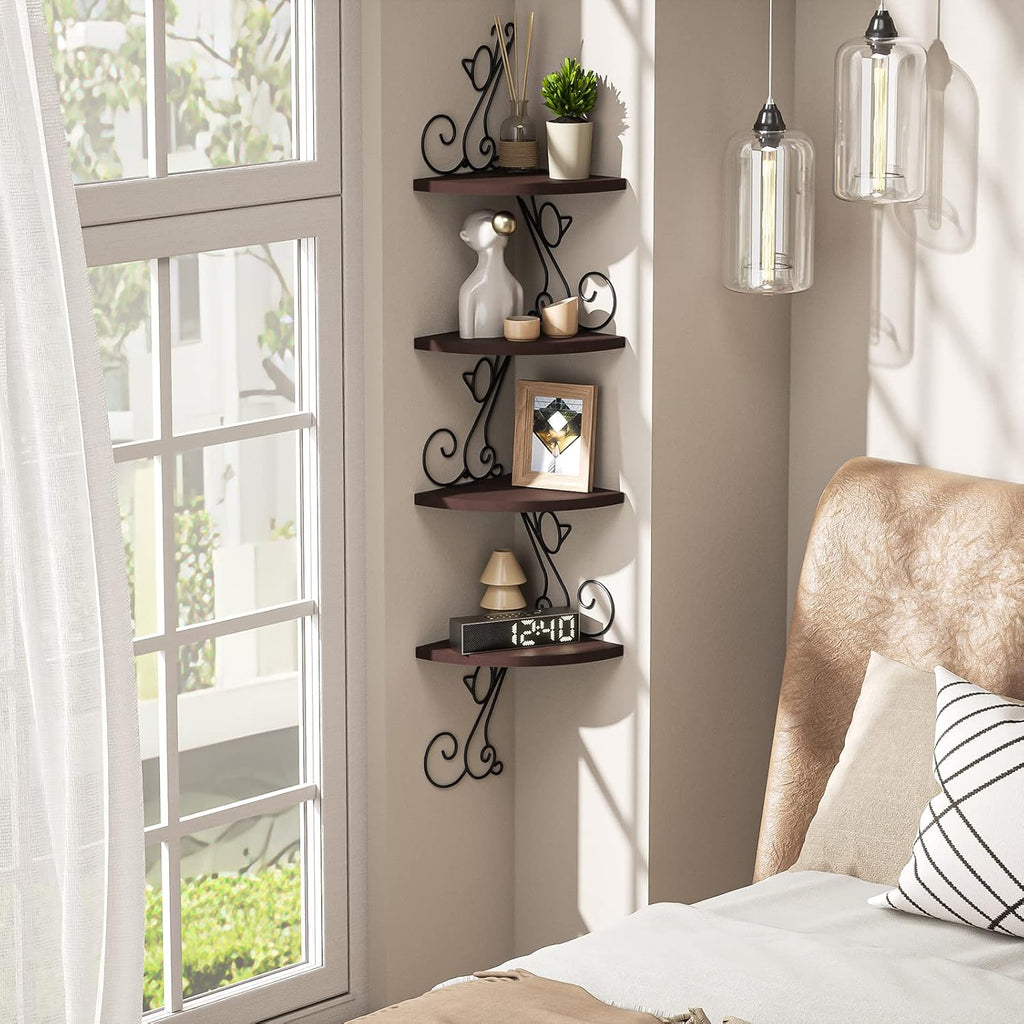 4-Tier Cat Shaped Corner Floating Shelf Wall Mount, Walnut