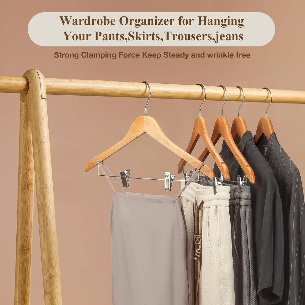 Wooden Hangers with Clips 24 Pack Wooden Pants Hangers, Skirt Hangers with Adjustable Clips, Hangers for