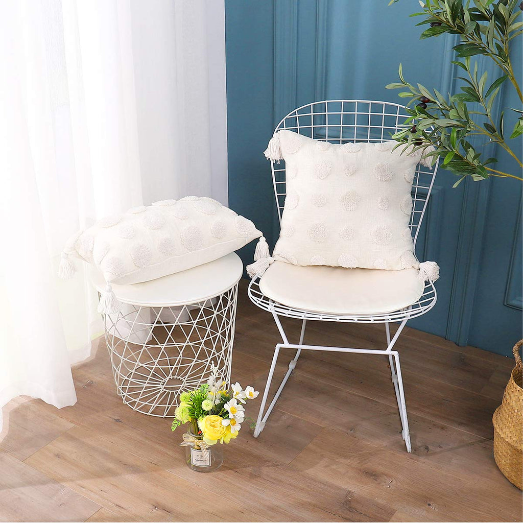 White 18x18 Boho Throw Pillow Cover Tufted Chenille 1PC No Insert