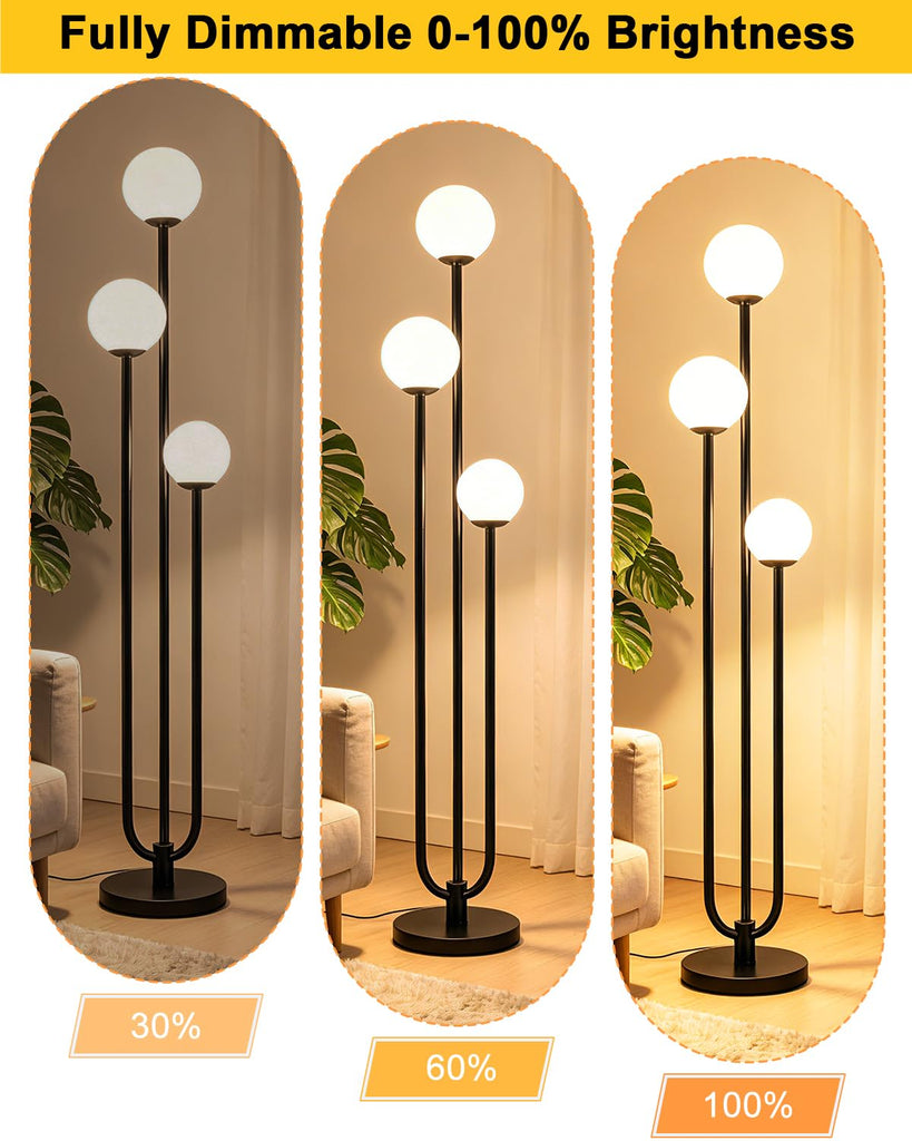 63IN Black Floor Lamp Dimmable with Mid Century Standing Lamps, 3000K Warm White Bulbs Included, Modern Globe Floor