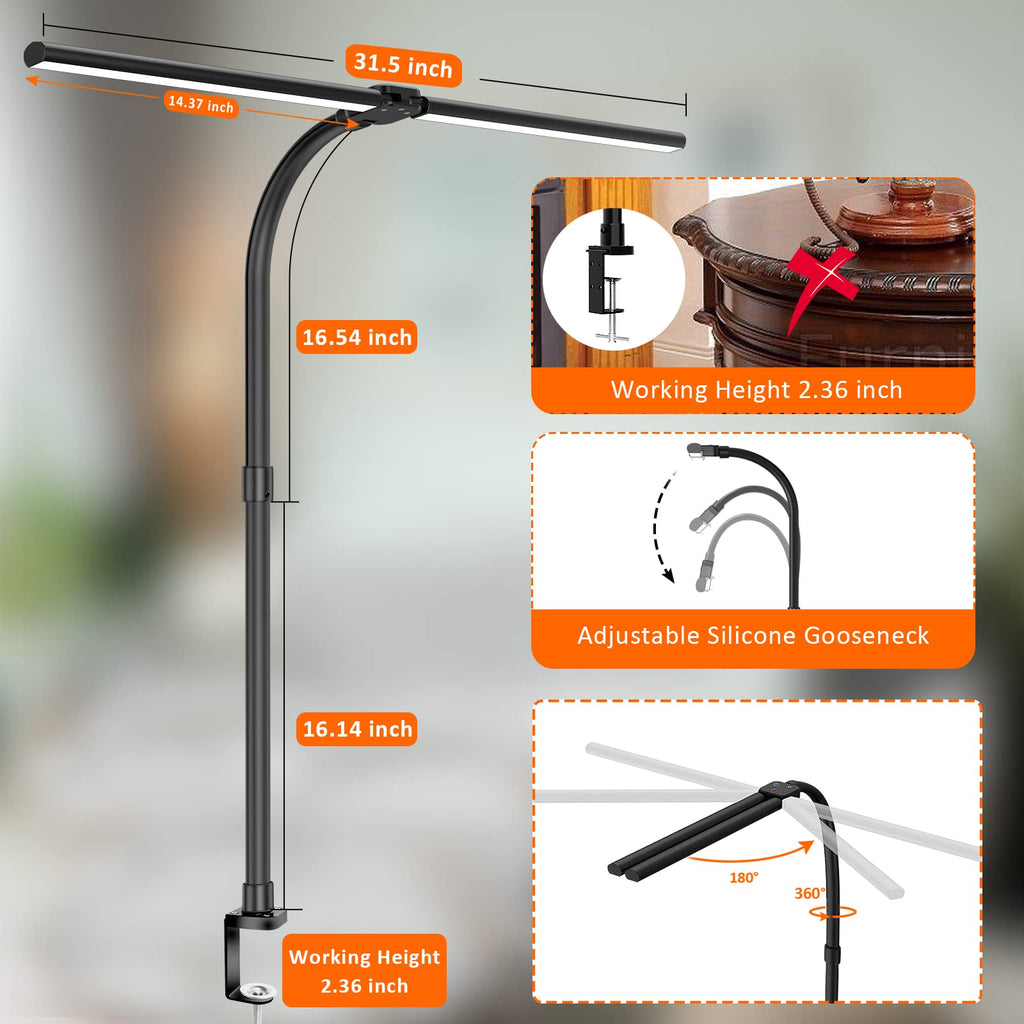 Double Head LED Desk Lamp, Architect Desk Lamps, 24W Brightest Workbench Office Lighting-5 Color Modes and 5