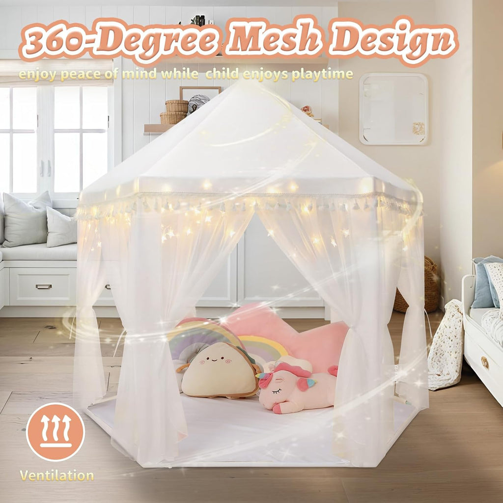 White Princess Tent Girls Tassel Decor Large Playhouse Kids Castle Play Tent with Star Lights Toy for Children Indoor