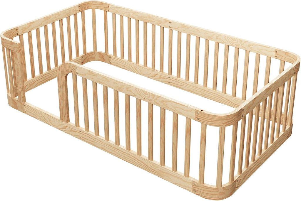Floor Bed with High Fence & Entrance, Natural Floor Bed for Kids