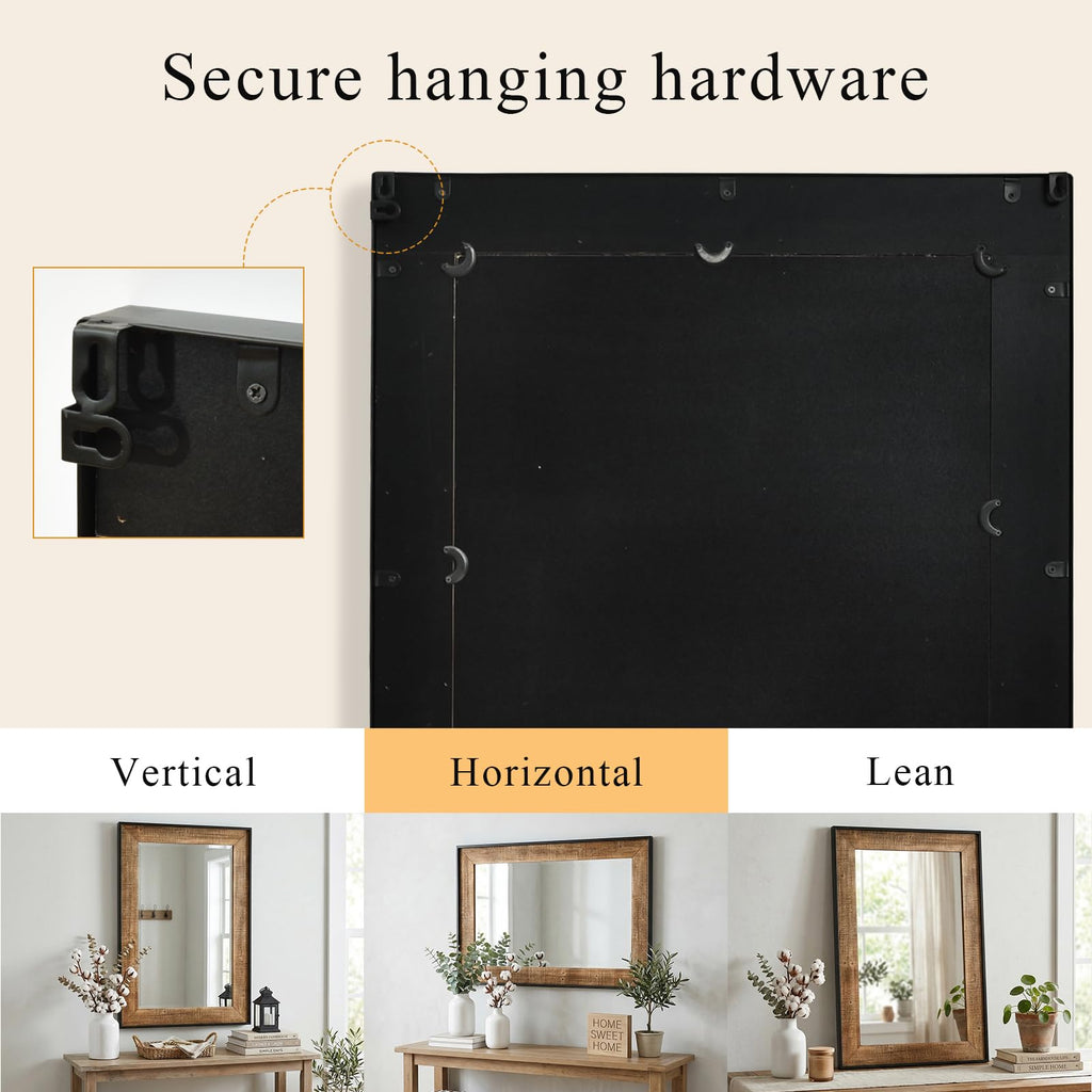 Rustic Solid Wood Wall Mirror 36x24 Inch, Vintage Wood Framed Wall Mirror Over Sink, Living Room, Hallway & Entryway