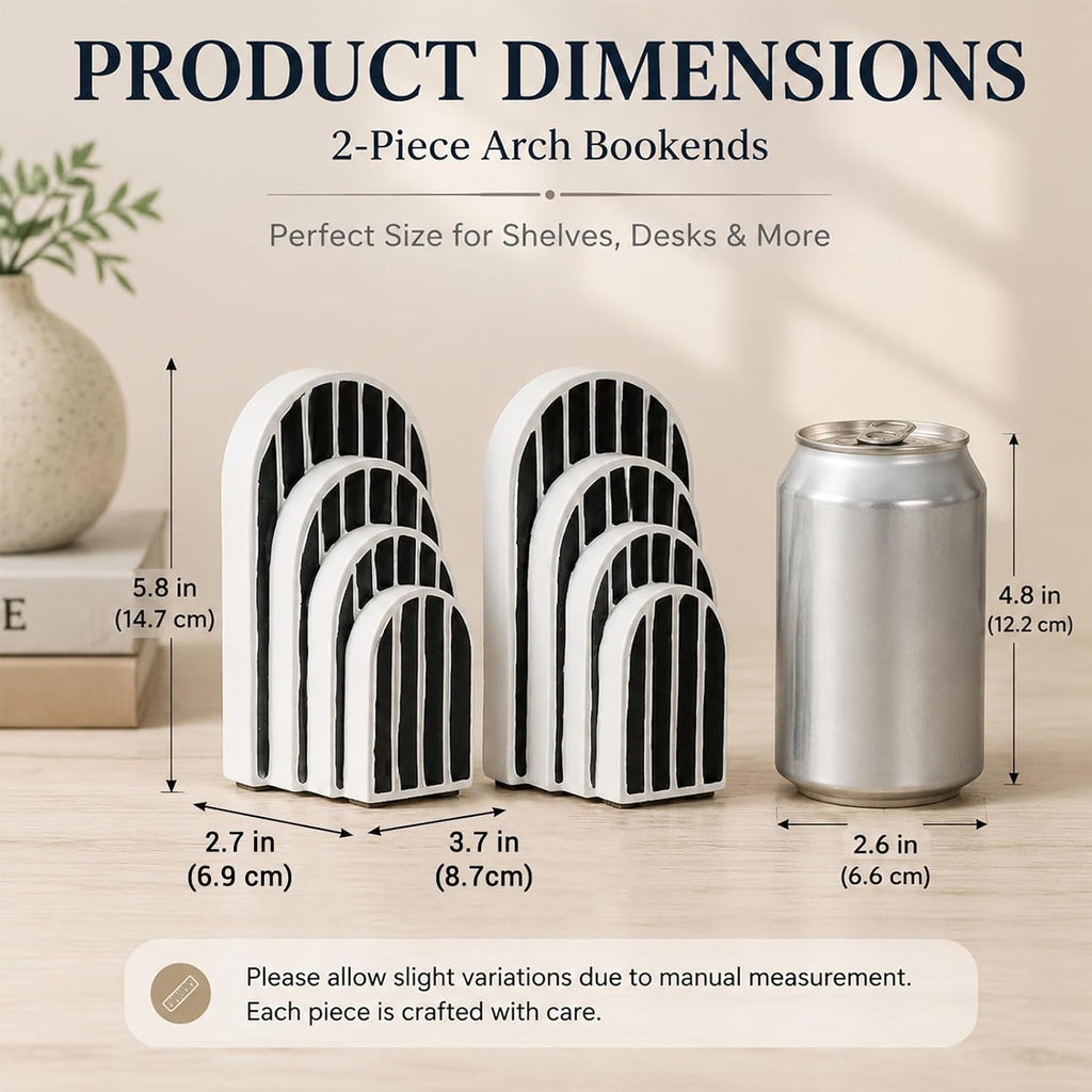 Modern Striped Arch Bookends Set of 2 Resin Black White Geometric Shelf | Stylish modern striped arch bookends