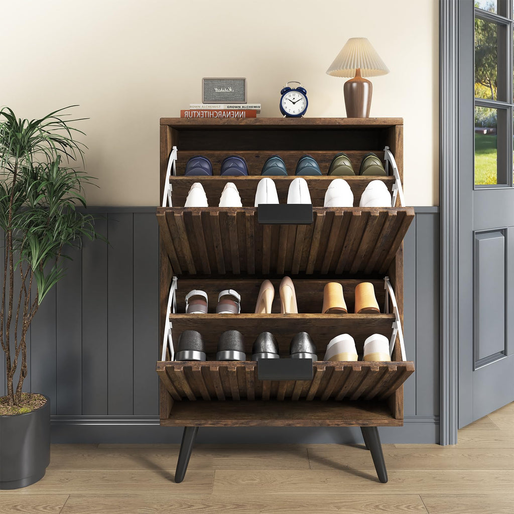 Slim Wood Shoe Cabinet with Flip Drawers, Modern Narrow Entryway Shoe Storage Organizer, Fluted 23.6" Shoe Cabinet