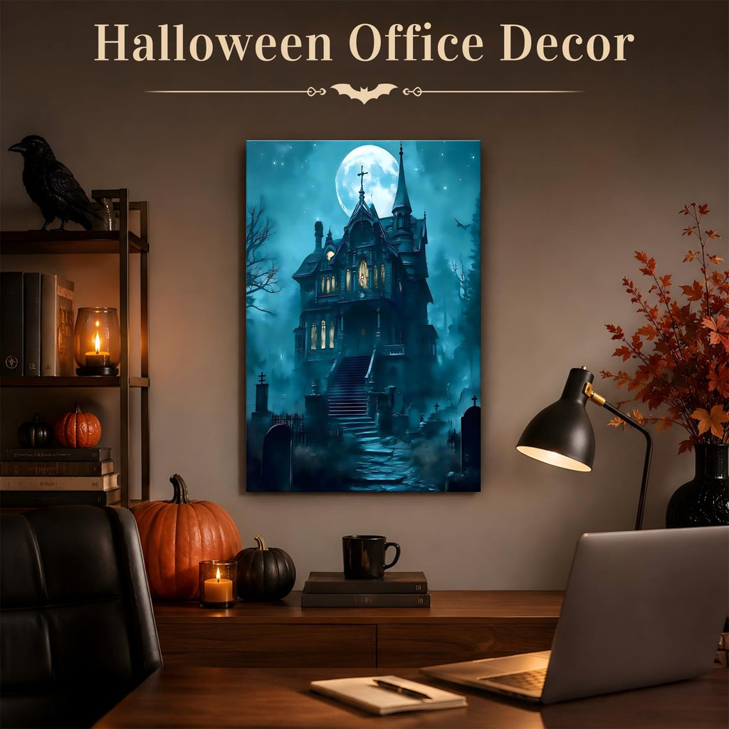 Framed Halloween Canvas Art Haunted Mansion in Foggy Forest Under Full Moon, Gothic Horror Landscape Artwork Canvas
