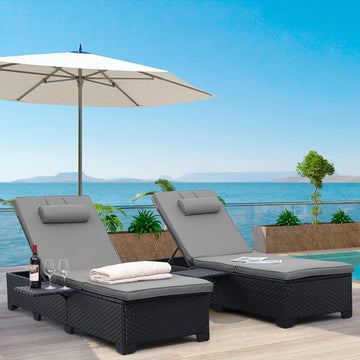Outdoor Chaise Lounge Chairs for Outside Patio Furniture Set of 2 Wicker Recliner Black Rattan Sunbathing Lounger