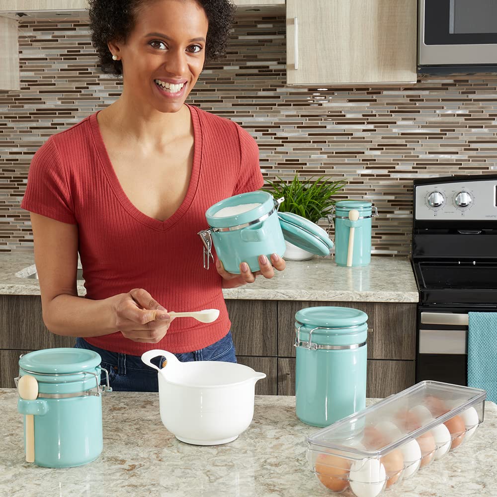 Canister Sets For The Kitchen (4 Piece) Turquoise, High Gloss Ceramic | By | Decorative Set | With Wooden Spoons
