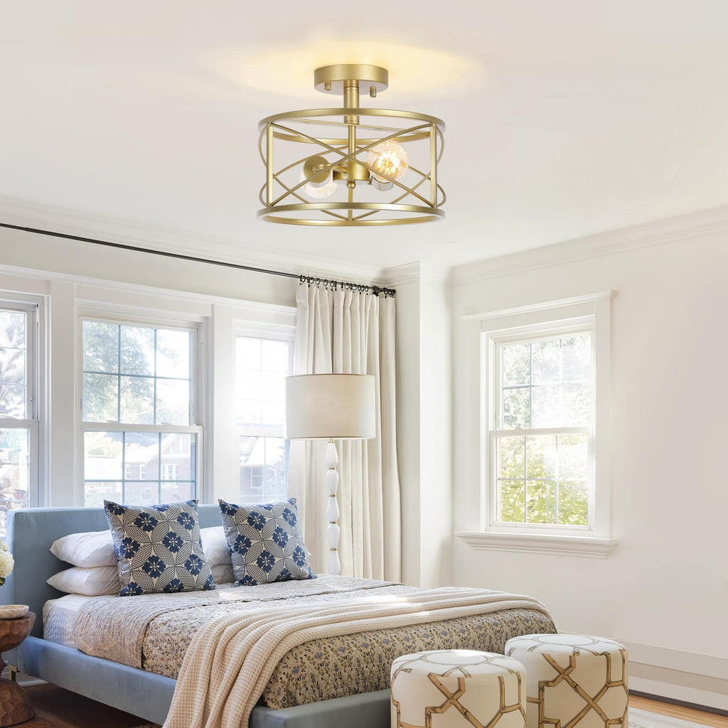 2-Light Semi Flush Mount Matte Gold Ceiling Light Fixture, Farmhouse Industrial Metal Cage with Adjustable Height